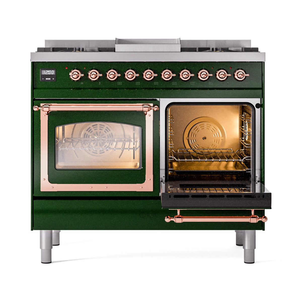 Dual-fuel range with both oven doors open, racks inside, and copper handle bar