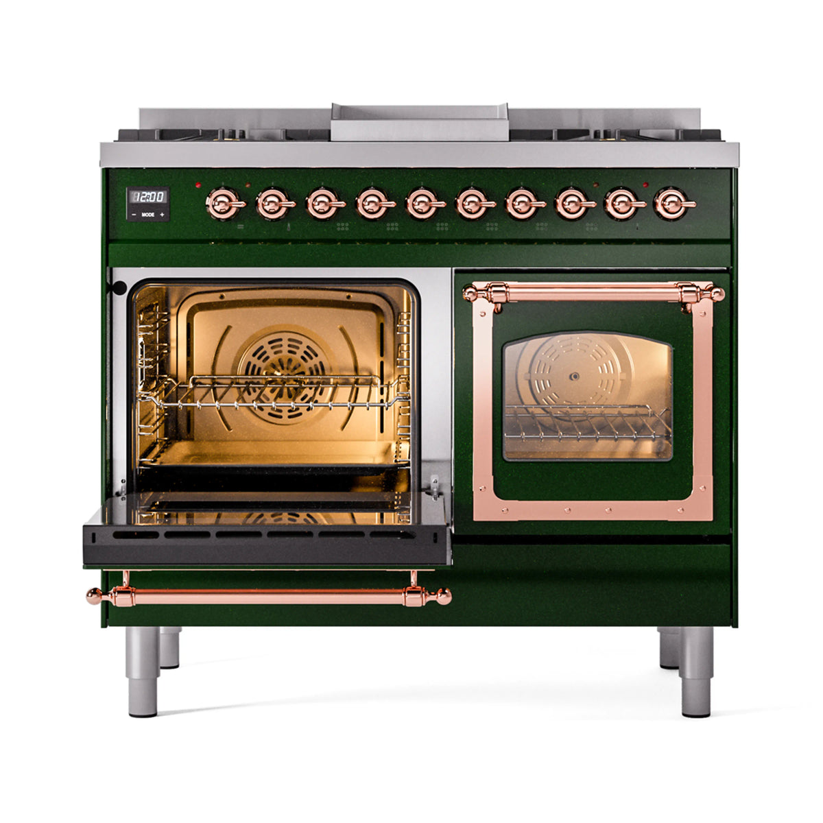 Dual-fuel range with left oven open and right oven door, copper trim and knobs