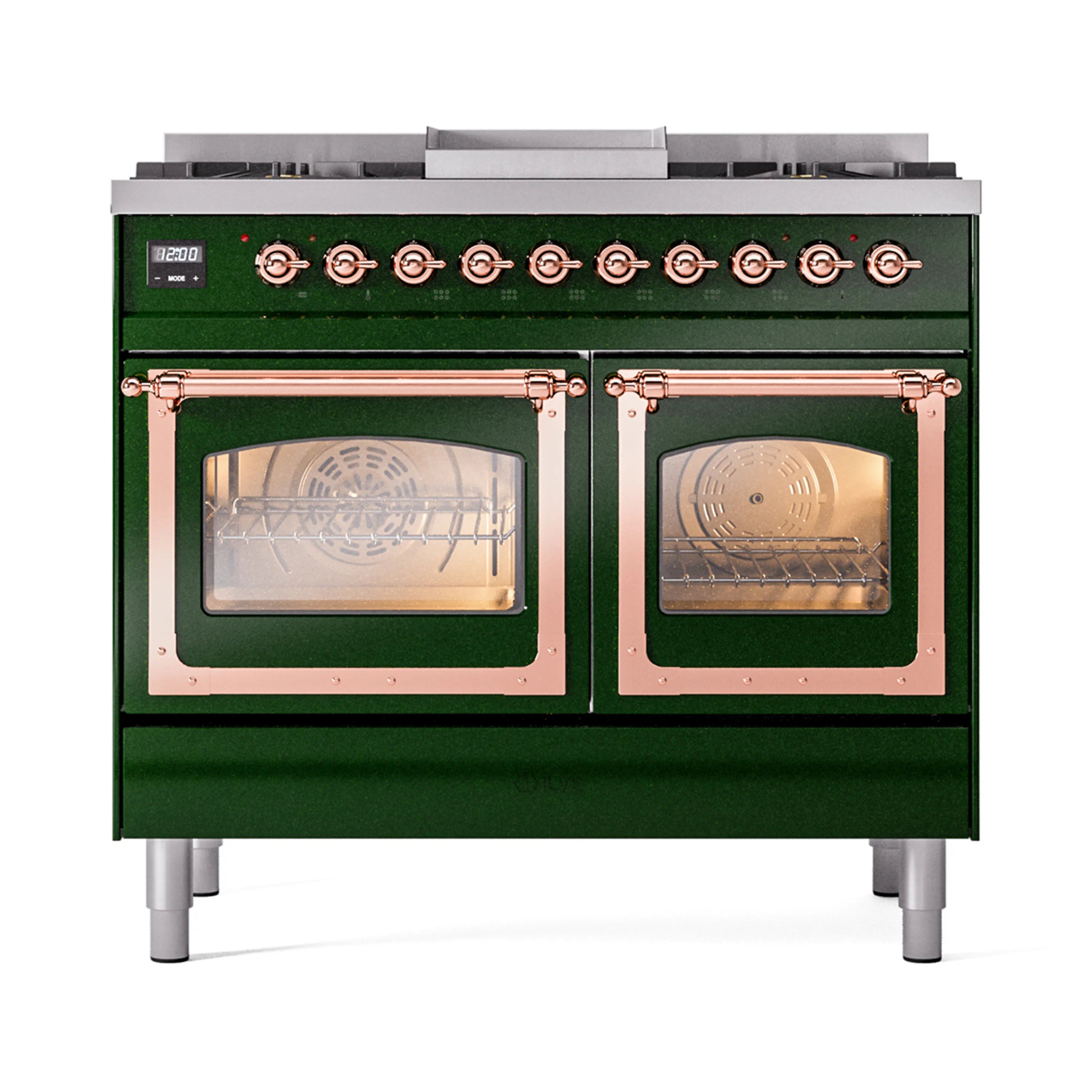 Emerald green dual-fuel range with two ovens, glass doors, and copper control trim