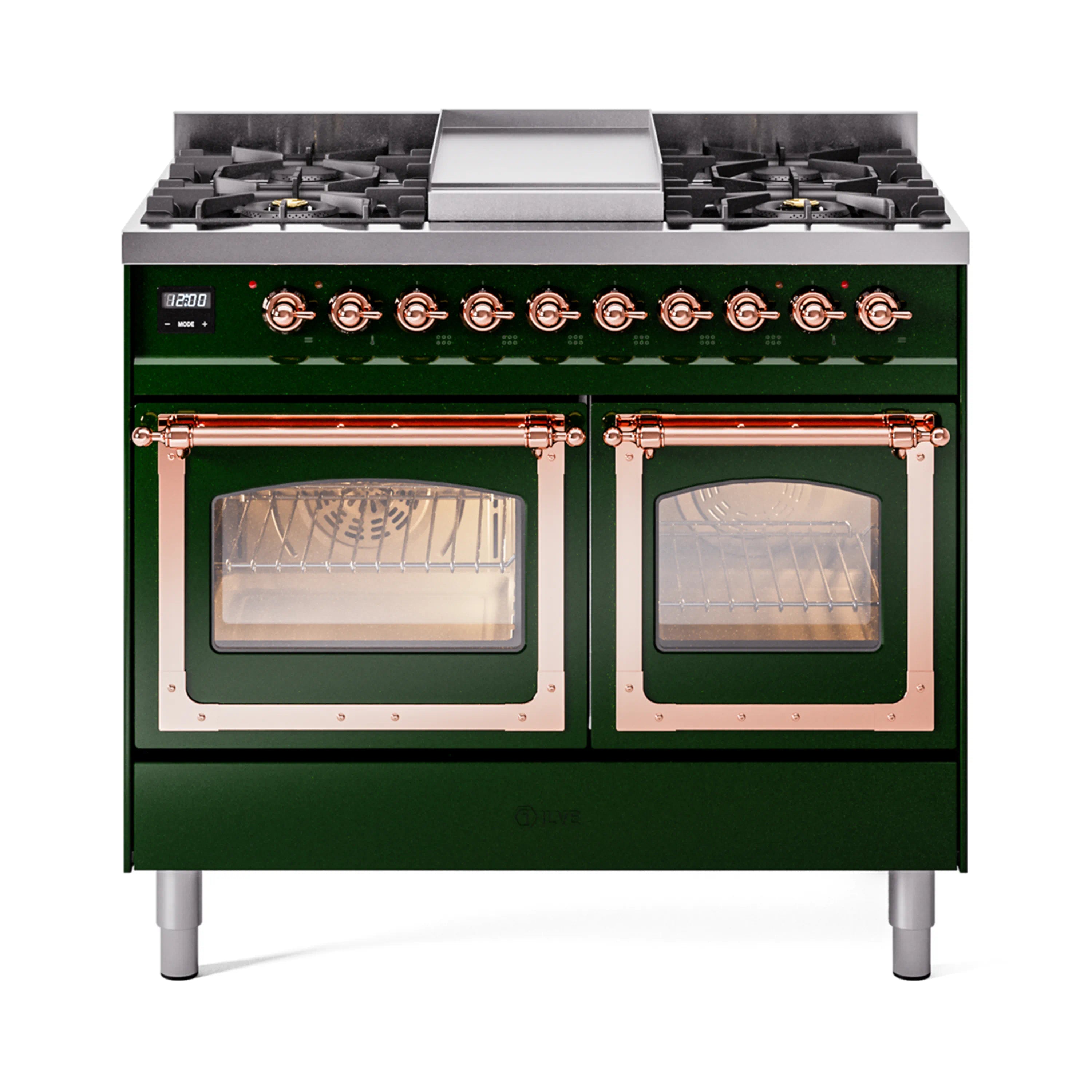 Emerald green dual-fuel range with two oven glass doors and copper trim