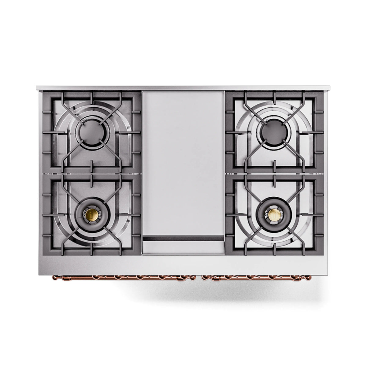 Undercounter view of emerald green dual fuel range with two burners and center panel