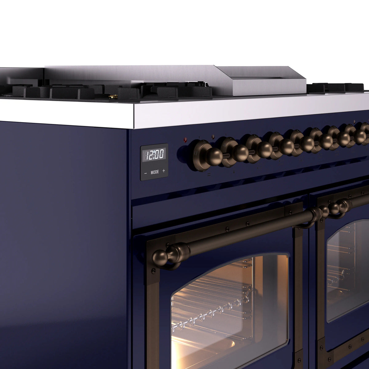 Midnight blue oven control display with bronze knobs and door handle