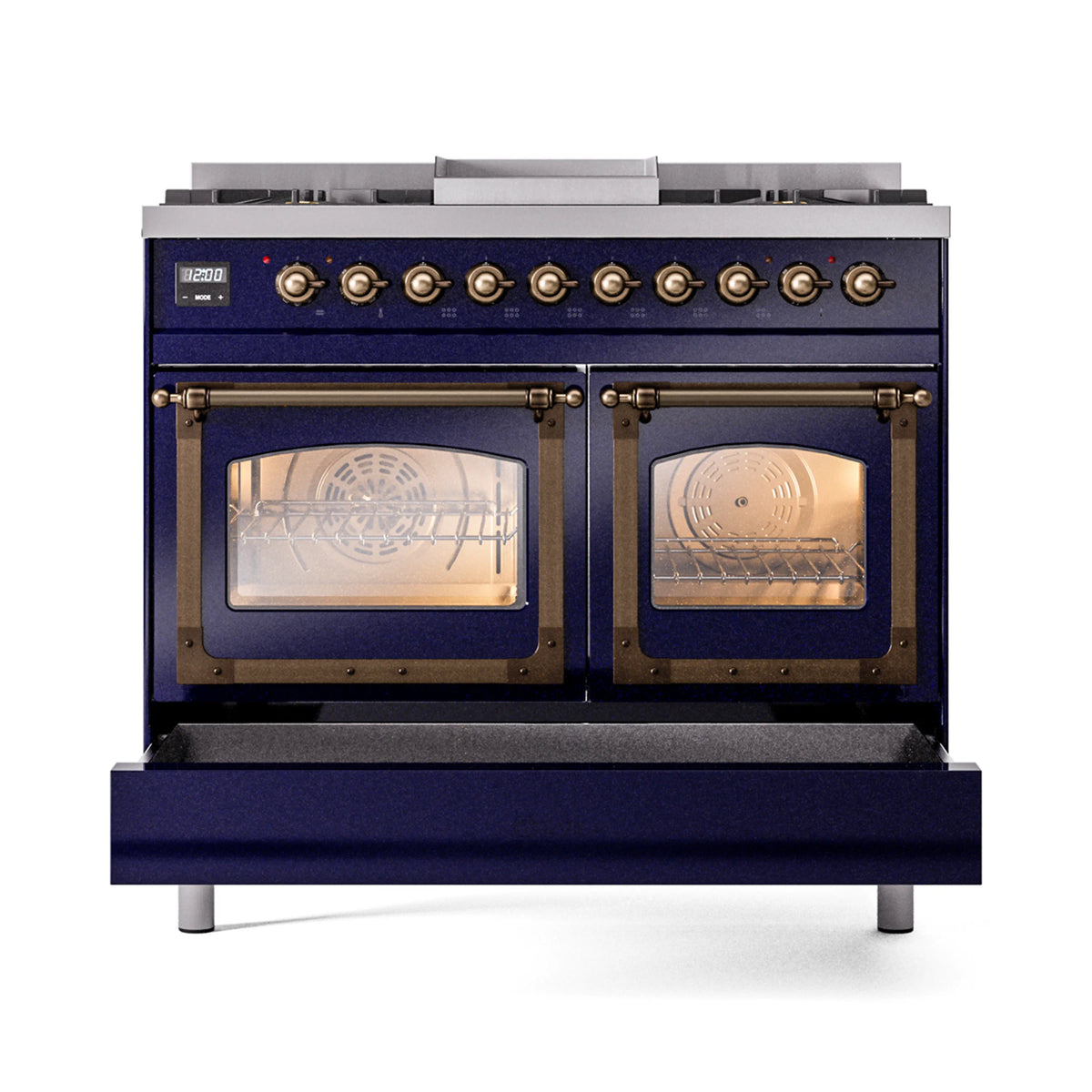 Midnight blue range with two glass oven doors and bronze control knobs