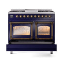 ILVE 40-Inch Nostalgie II Noblesse Natural Gas Dual Fuel Range with Triple Glass Door Oven in Midnight Blue with Bronze Trim (UND40FNMPMBB)
