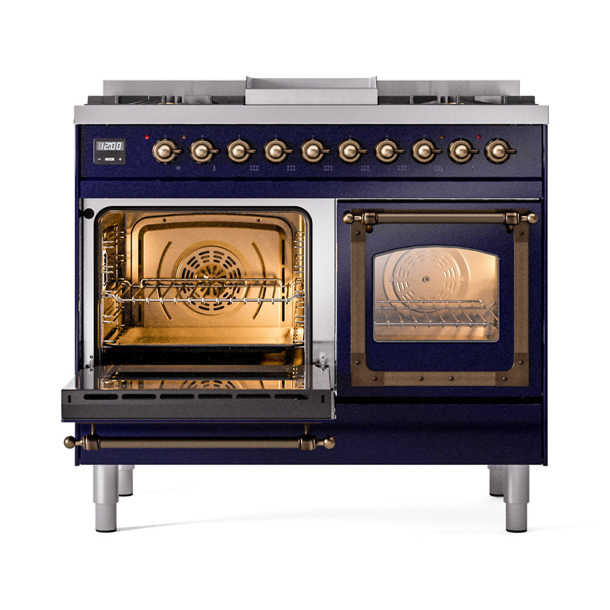 Midnight blue range with open left oven and closed right oven door with glass window