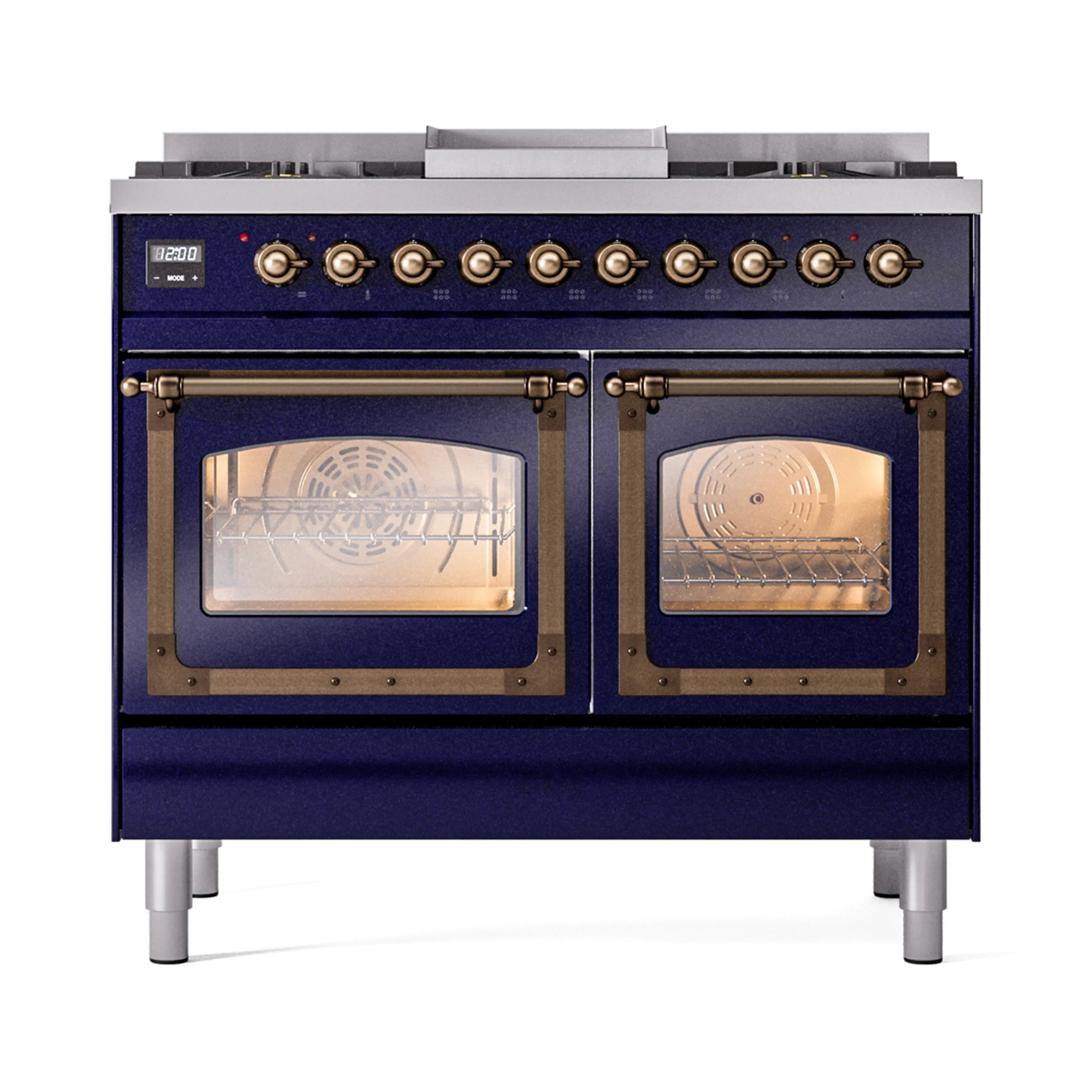 Midnight blue dual fuel range with bronze knobs and two oven doors with glass windows