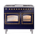 ILVE 40-Inch Nostalgie II Noblesse Natural Gas Dual Fuel Range with Triple Glass Door Oven in Midnight Blue with Bronze Trim (UND40FNMPMBB)