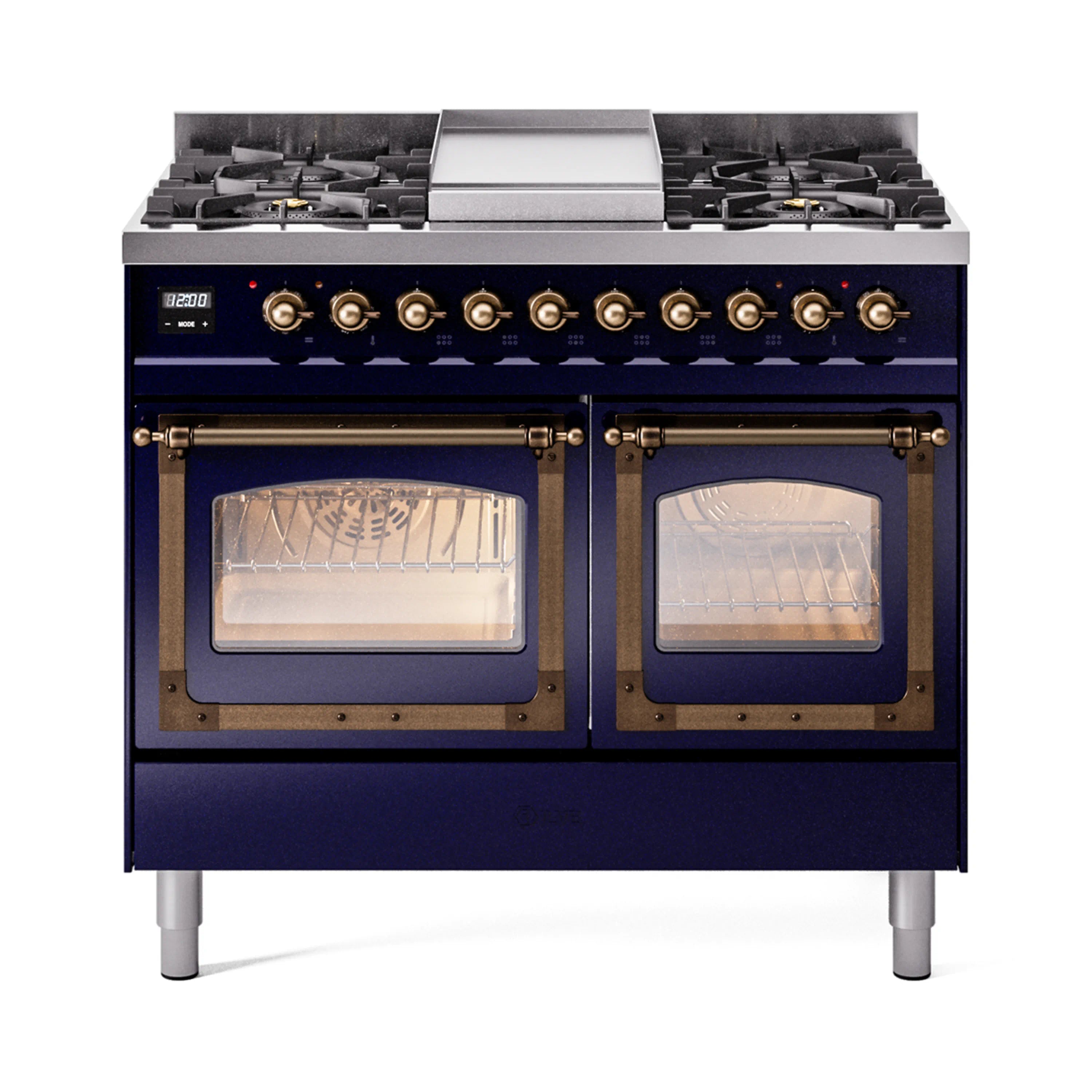 Midnight blue dual fuel range with bronze control knobs and double glass oven doors