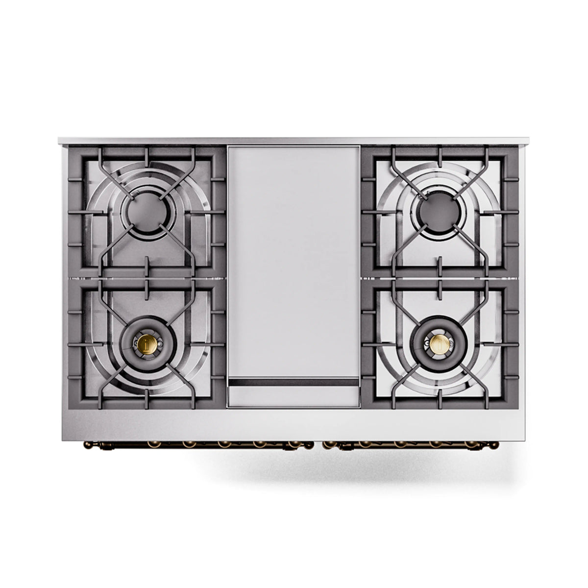 Midnight blue dual fuel gas range with four burners and bronze-trimmed cooktop knobs