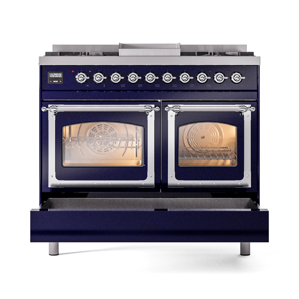 Midnight blue dual fuel range with dual ovens and chrome-trimmed glass doors