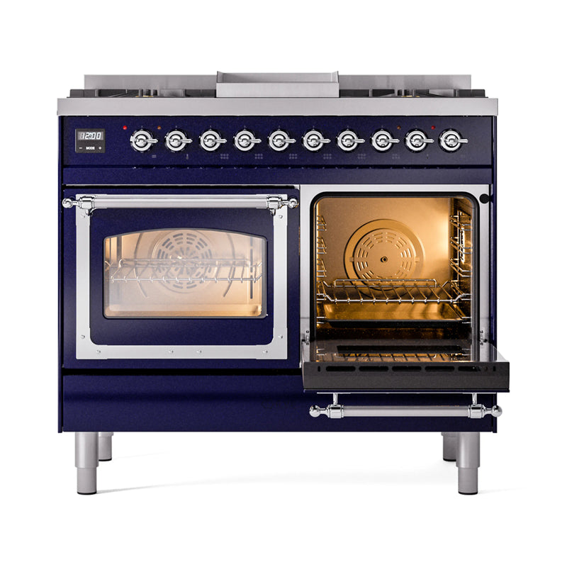 ILVE 40-Inch Nostalgie II Noblesse Dual Fuel Range with Triple Glass Door Oven in Midnight Blue with Chrome Trim (UND40FNMPMBC)