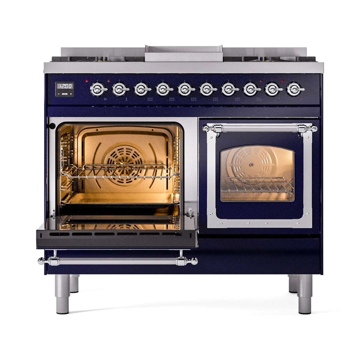 Midnight blue dual fuel range with one oven door open, two racks inside