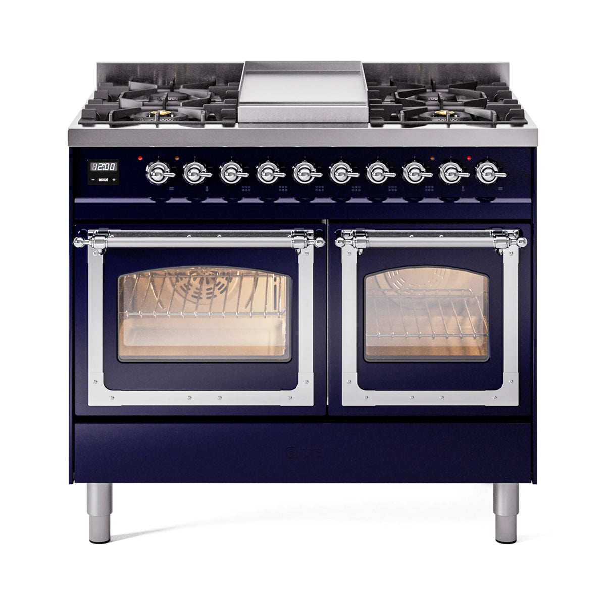 Midnight blue dual fuel gas range with burners and dual oven doors open glass