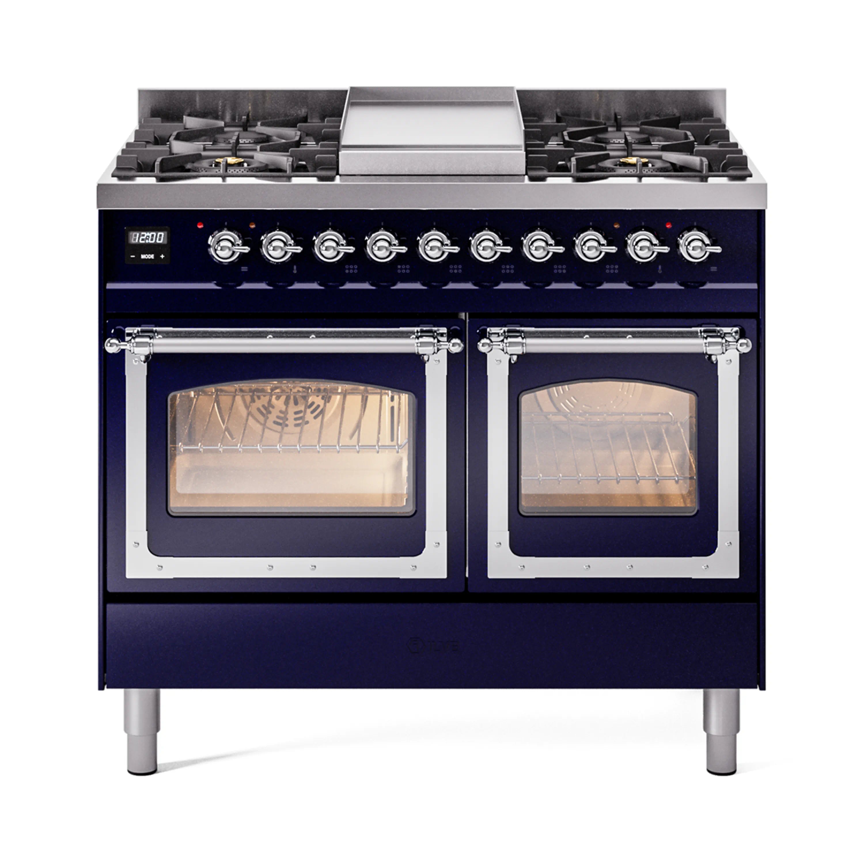 Midnight blue dual fuel range with chrome trim, two ovens and six gas burners