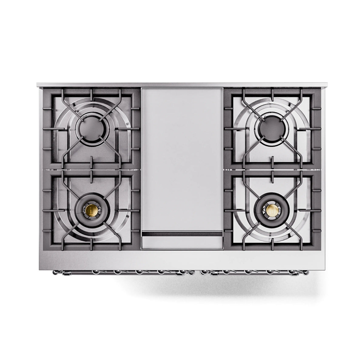 Dual fuel gas range back panel with four square burner grates