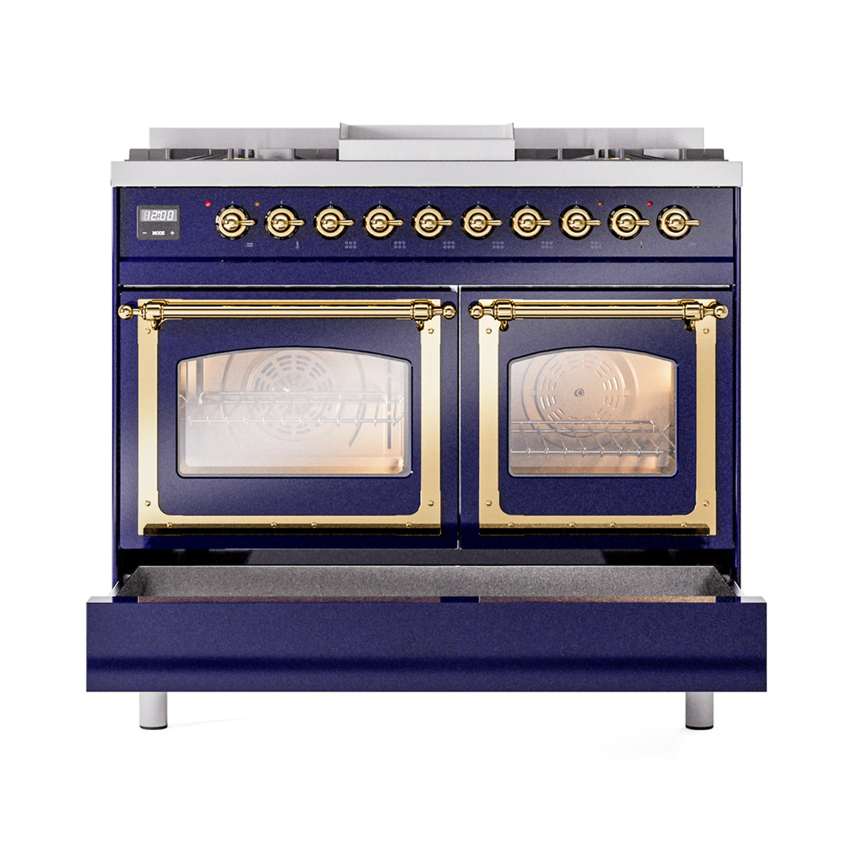 Midnight blue dual fuel range with brass-trim oven doors closed and visible control knobs