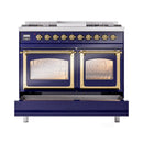 ILVE 40-Inch Nostalgie II Noblesse Natural Gas Dual Fuel Range with Triple Glass Door Oven in Midnight Blue with Brass Trim (UND40FNMPMBG)