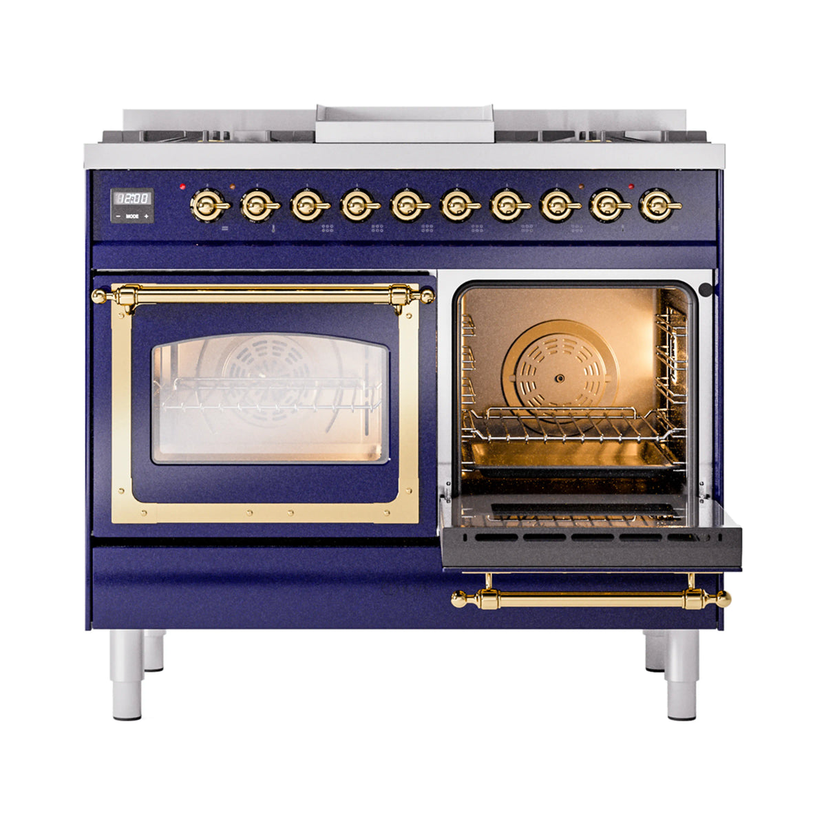 Midnight blue dual fuel range with left oven door open; wire rack inside, brass trim