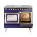 ILVE 40-Inch Nostalgie II Noblesse Natural Gas Dual Fuel Range with Triple Glass Door Oven in Midnight Blue with Brass Trim (UND40FNMPMBG)