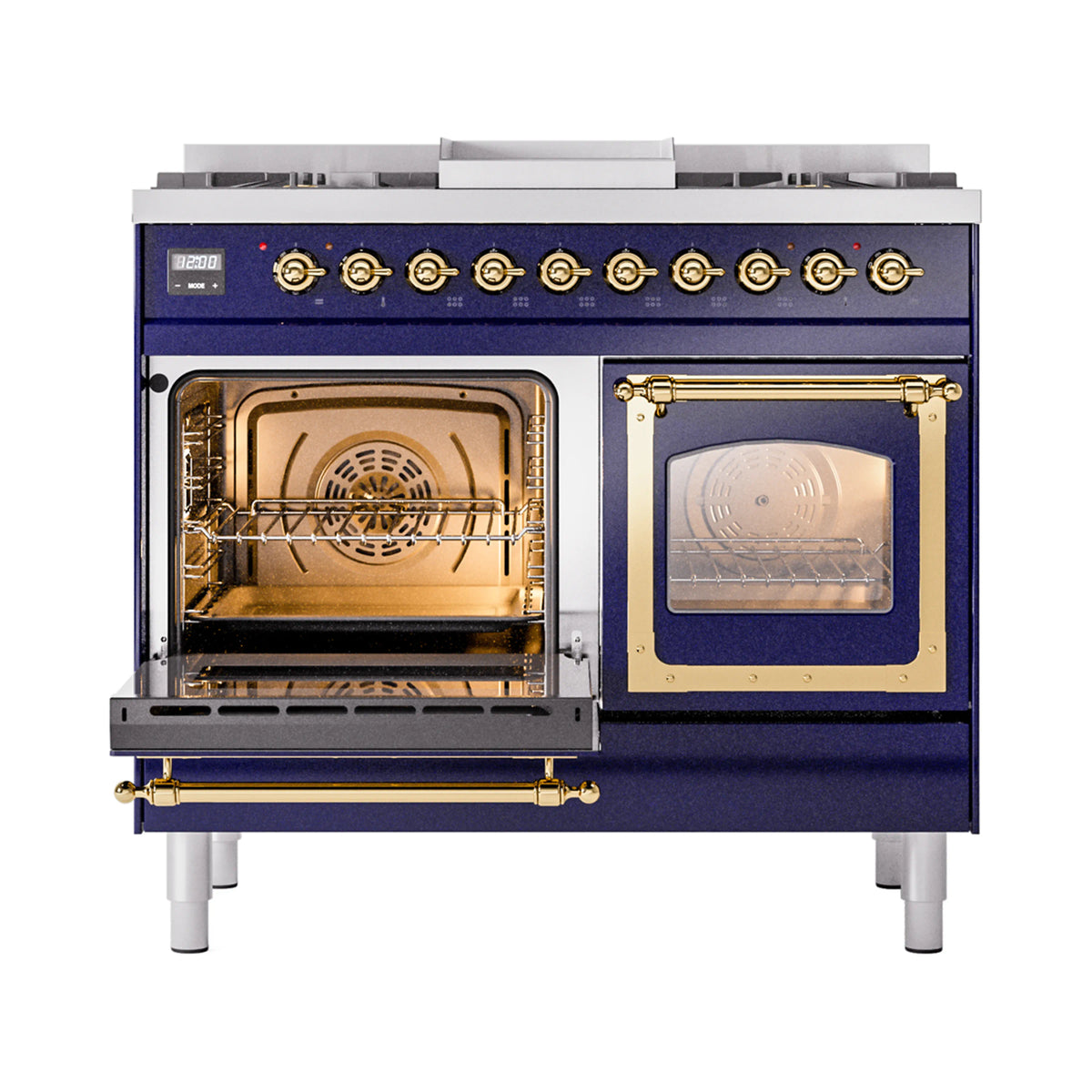 Midnight blue dual fuel range with brass-trim ovens; left door open, right glass door closed