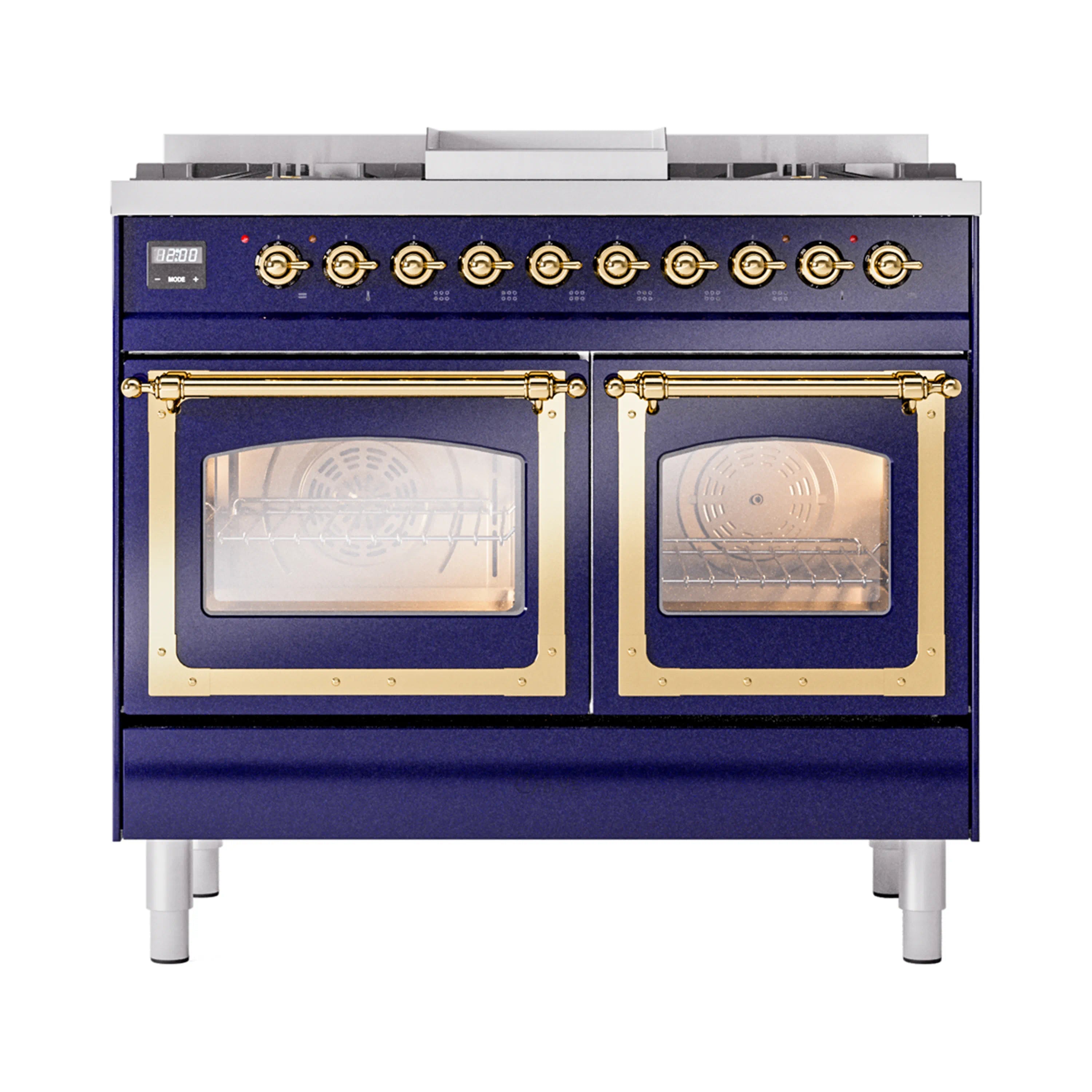 Dual fuel range front view with brass trims, oven windows, and row of gold control knobs