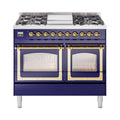ILVE 40-Inch Nostalgie II Noblesse Natural Gas Dual Fuel Range with Triple Glass Door Oven in Midnight Blue with Brass Trim (UND40FNMPMBG)