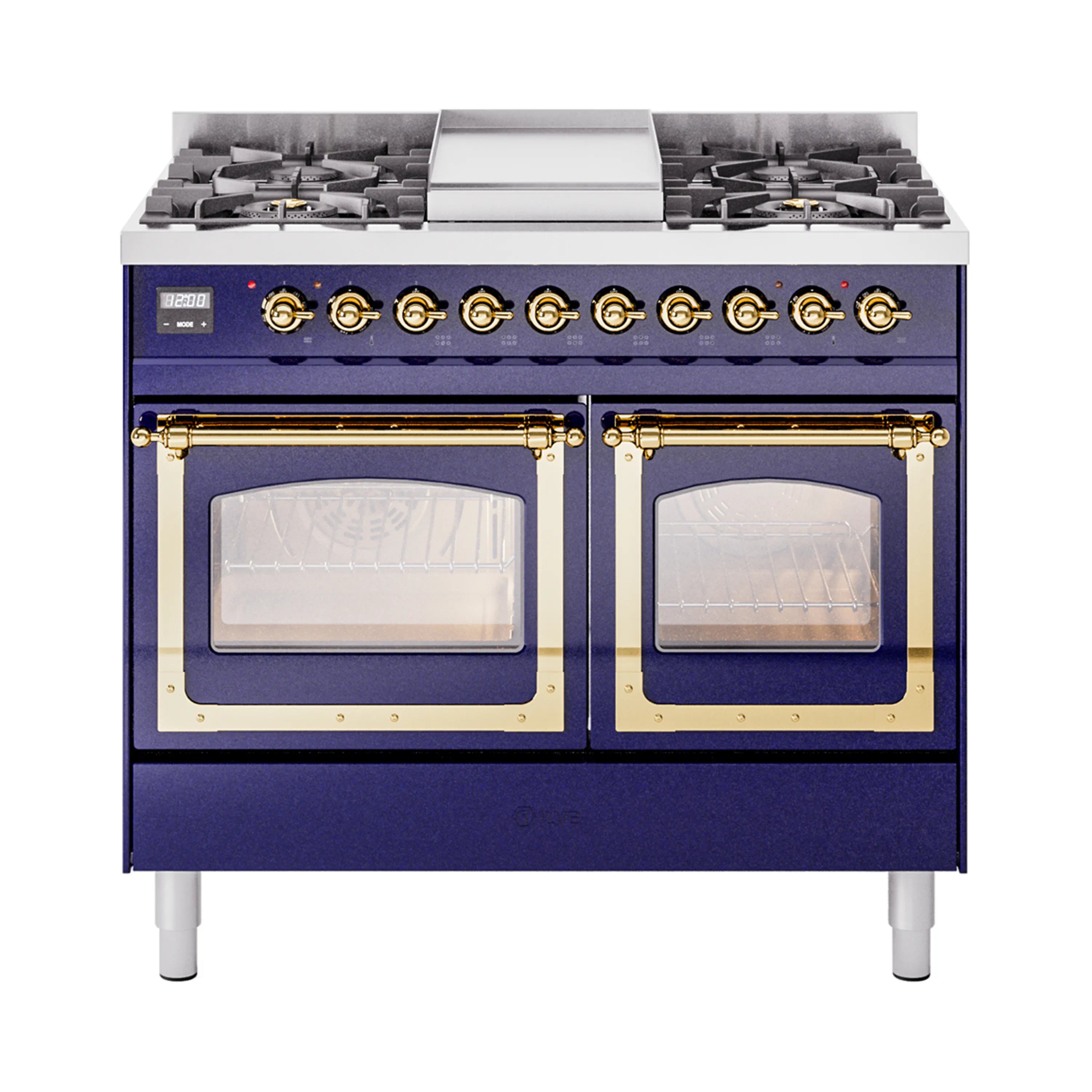 Midnight blue gas range with brass knobs, dual oven doors, and triple glass windows