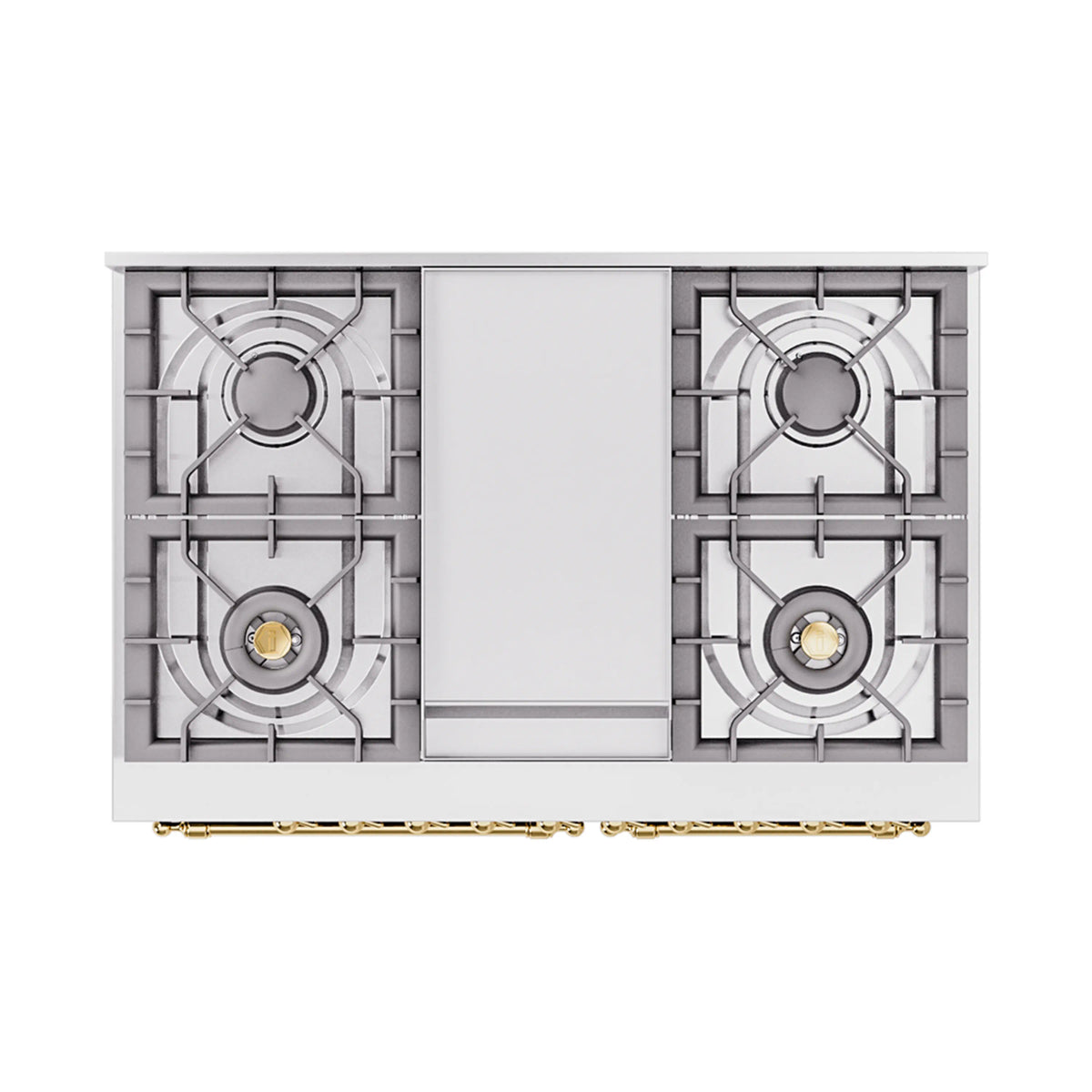 Midnight blue dual fuel range burners and grates with central cover, front brass bar detail