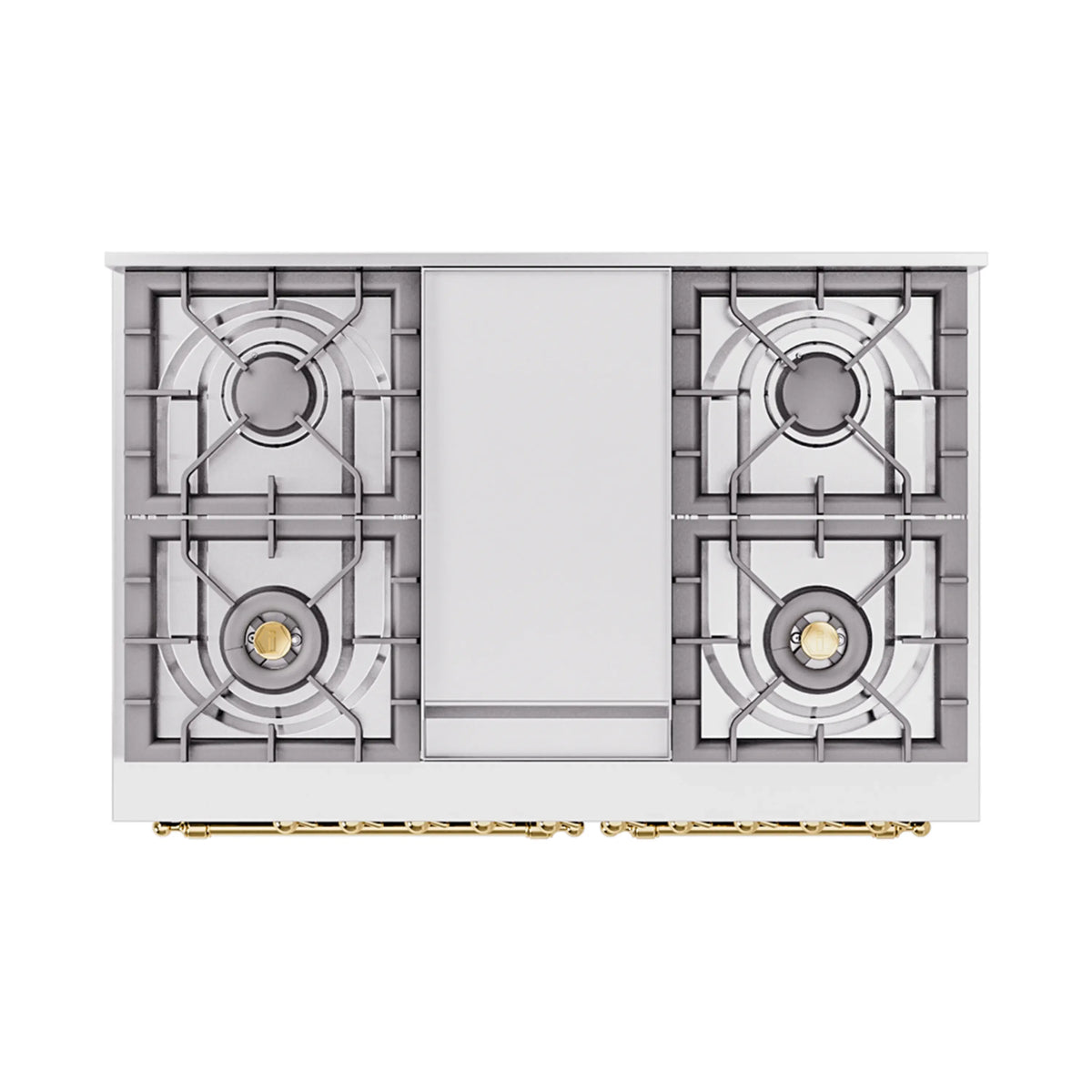 Stainless gas cooktop with four burner grates and center bridge