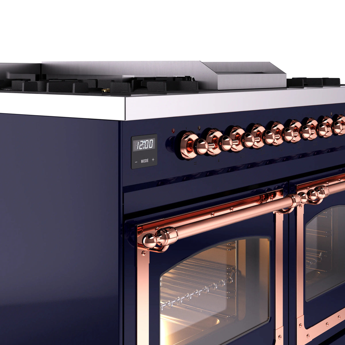 Midnight blue dual-fuel range showing copper burner knobs and open oven door details