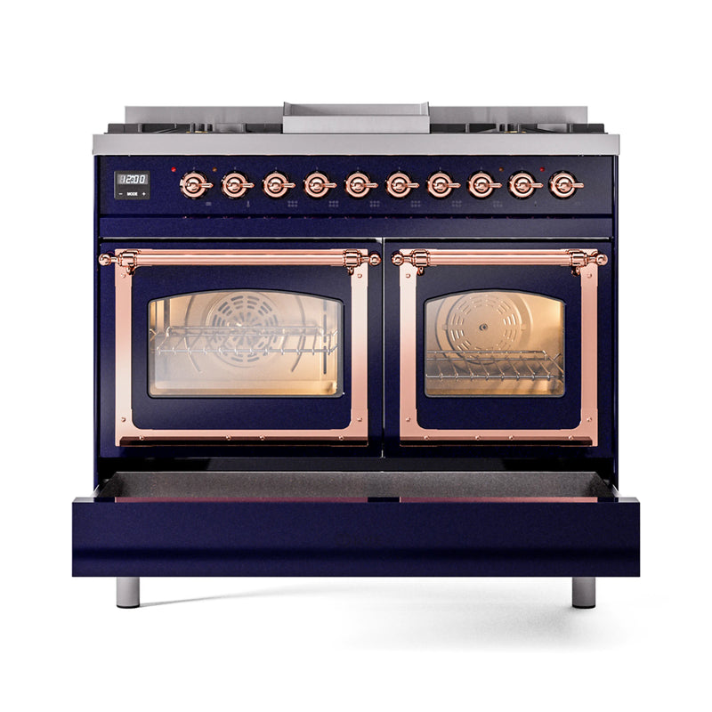 ILVE 40-Inch Nostalgie II Noblesse Dual Fuel Range with Triple Glass Door Oven in Midnight Blue with Copper Trim (UND40FNMPMBP)