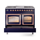 ILVE 40-Inch Nostalgie II Noblesse Natural Gas Dual Fuel Range with Triple Glass Door Oven in Midnight Blue with Copper Trim (UND40FNMPMBP)