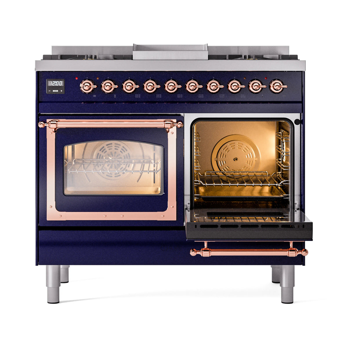 ILVE range with one oven door open and the other open, showing illuminated oven interiors