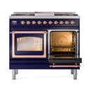 ILVE 40-Inch Nostalgie II Noblesse Natural Gas Dual Fuel Range with Triple Glass Door Oven in Midnight Blue with Copper Trim (UND40FNMPMBP)