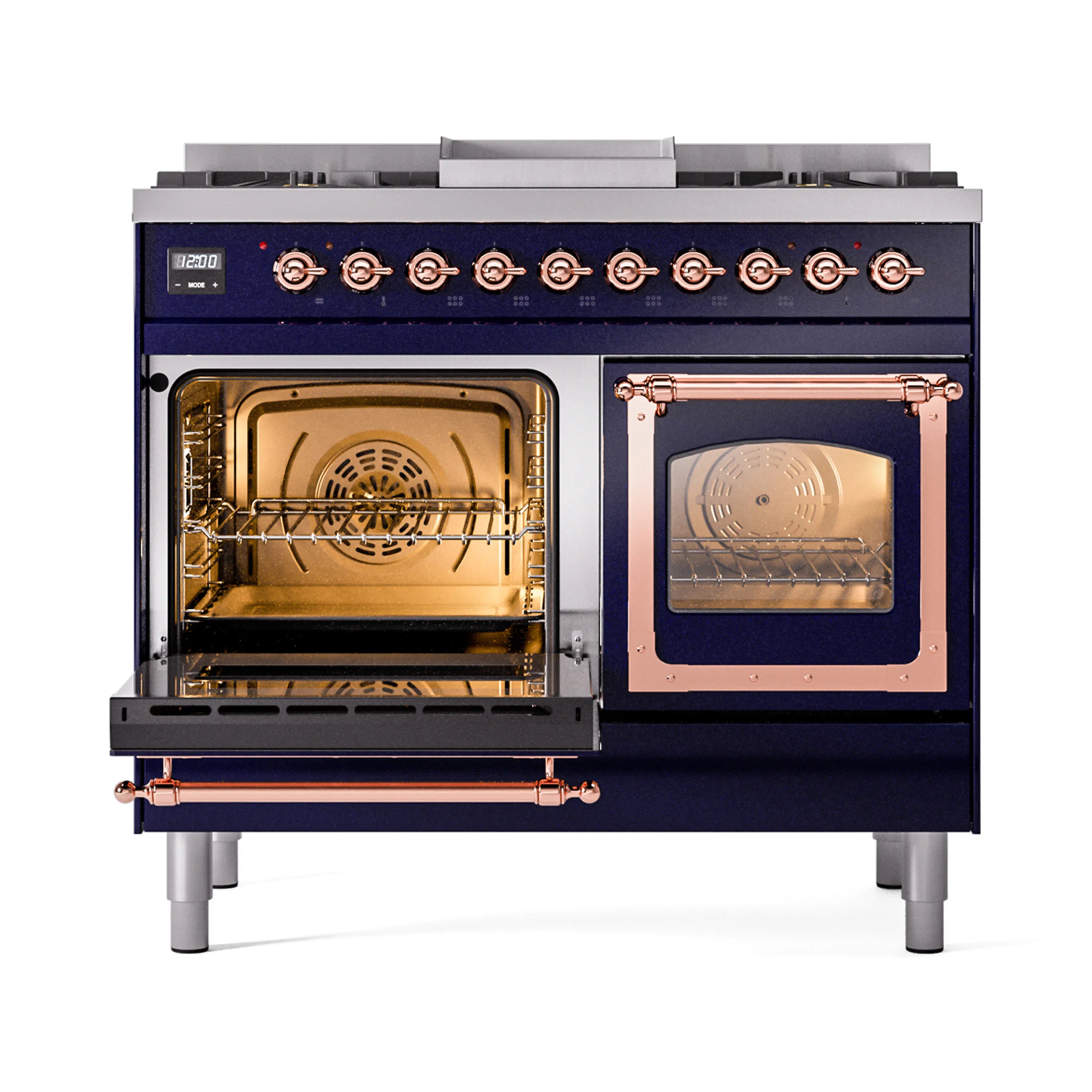 ILVE dual fuel range with both oven doors open, showing interior racks and burner controls