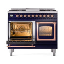 ILVE 40-Inch Nostalgie II Noblesse Natural Gas Dual Fuel Range with Triple Glass Door Oven in Midnight Blue with Copper Trim (UND40FNMPMBP)