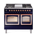 ILVE 40-Inch Nostalgie II Noblesse Natural Gas Dual Fuel Range with Triple Glass Door Oven in Midnight Blue with Copper Trim (UND40FNMPMBP)