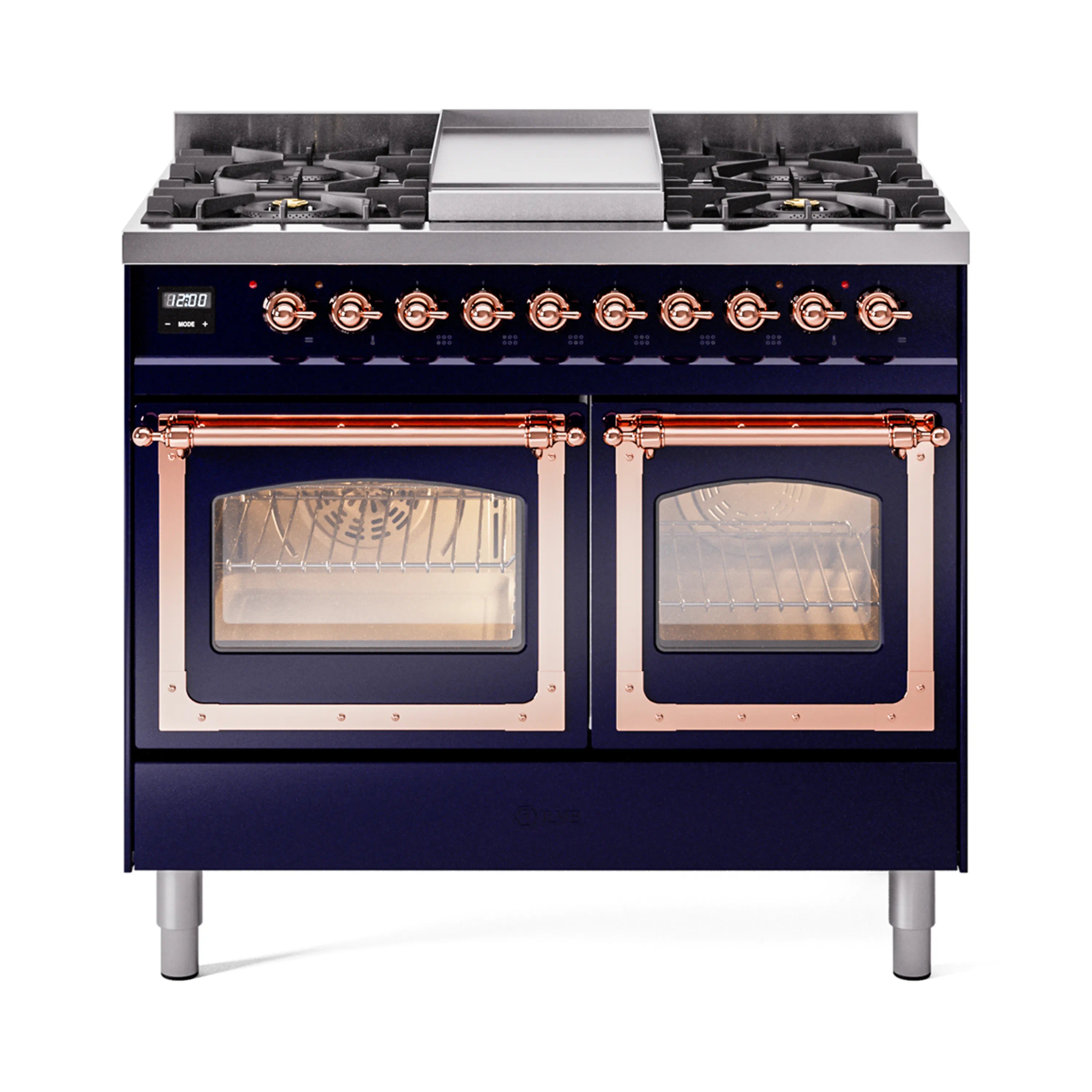 ILVE gas dual fuel range, midnight blue with copper trim, two glass ovens and 6 burners