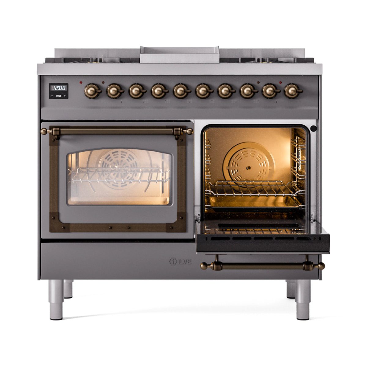 Dual oven range with one oven door open, showing lit interior and bronze interior trim