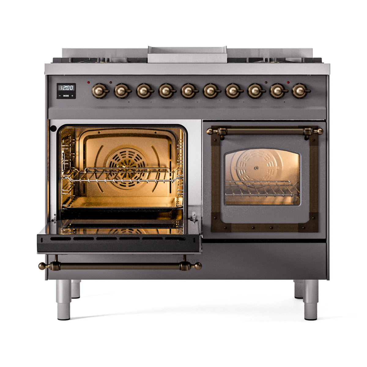 Matte graphite range with both oven doors open, revealing lit oven interiors and racks