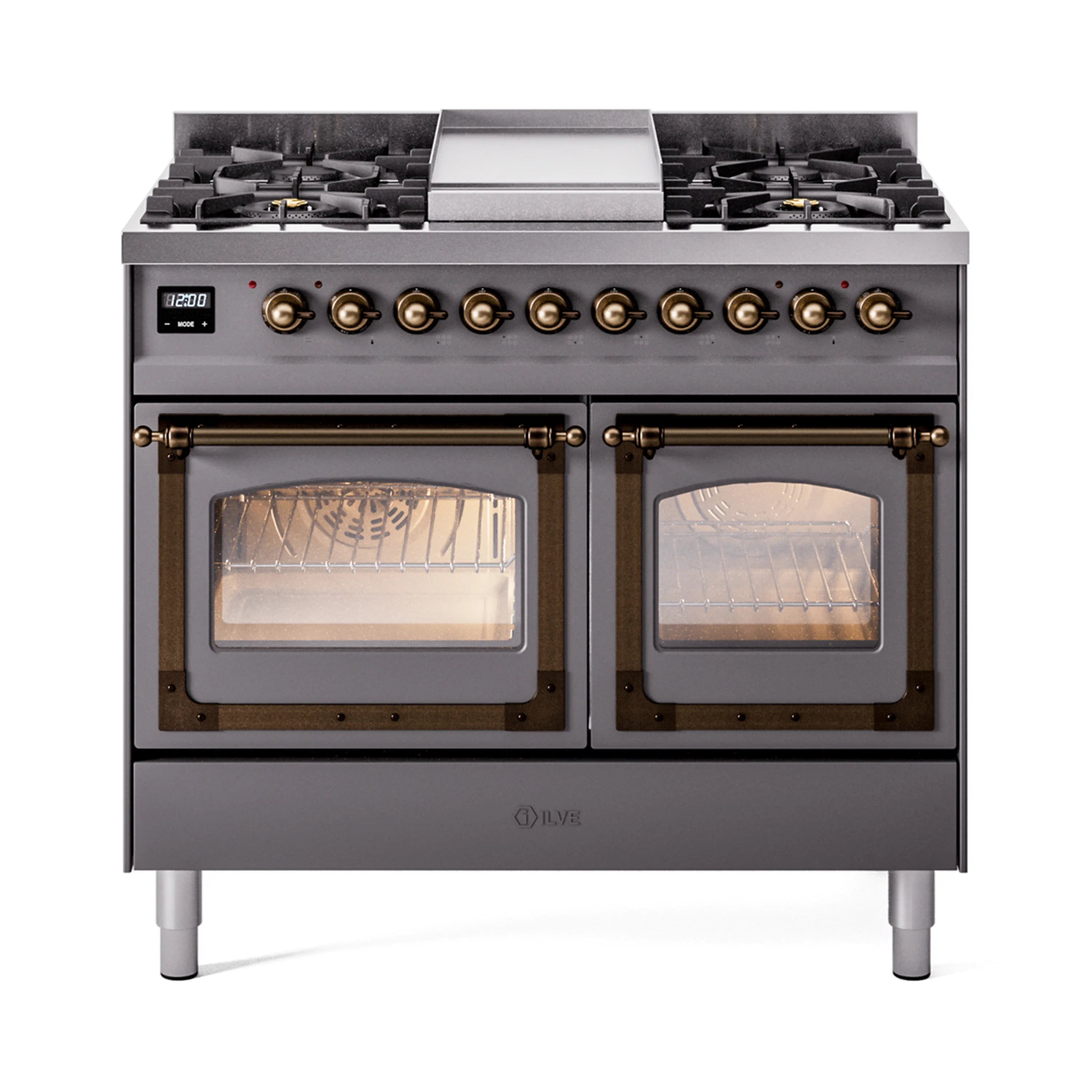 Matte graphite gas range with bronze control knobs and dual oven with glass doors
