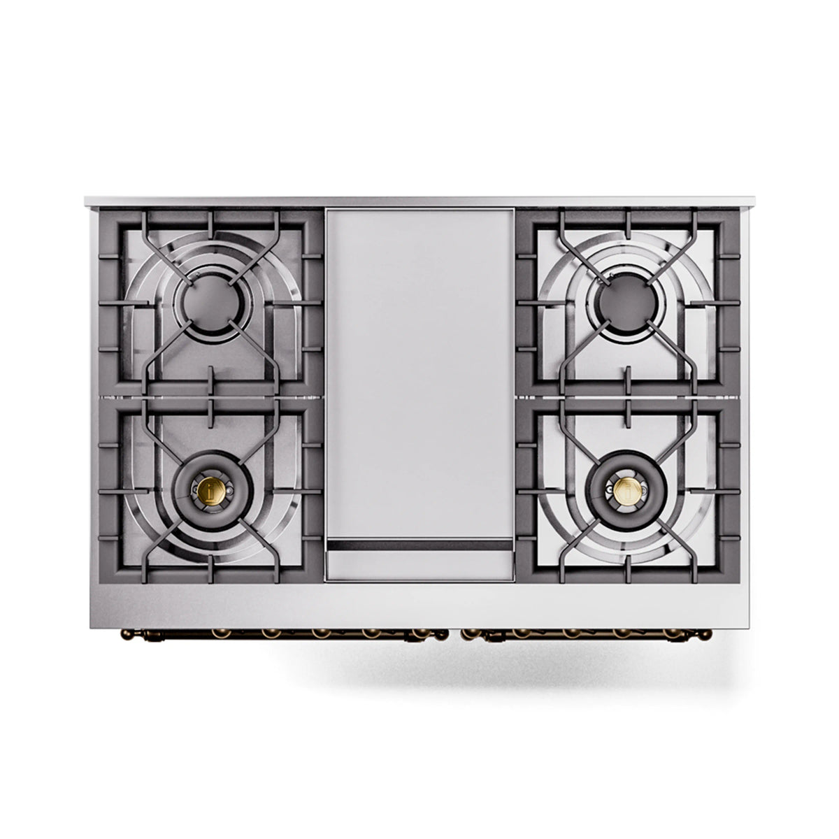 Underside view of dual fuel range showing burners and grates in matte graphite