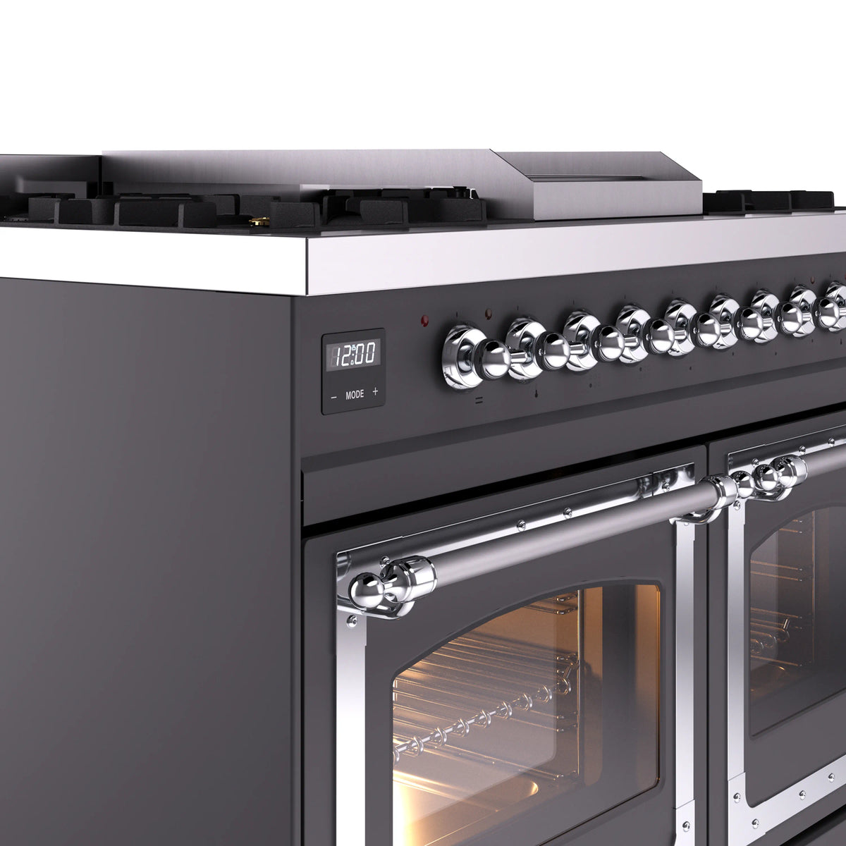 Matte graphite range control knobs with digital display and open oven door window.