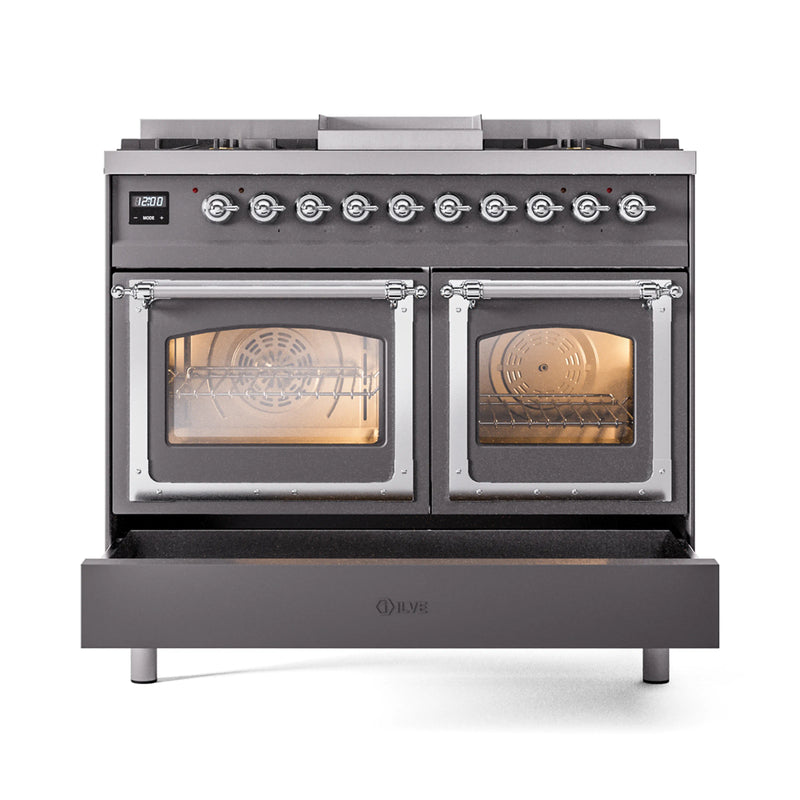 ILVE 40-Inch Nostalgie II Noblesse Dual Fuel Range with Triple Glass Door Oven in Matte Graphite with Chrome Trim (UND40FNMPMGC)
