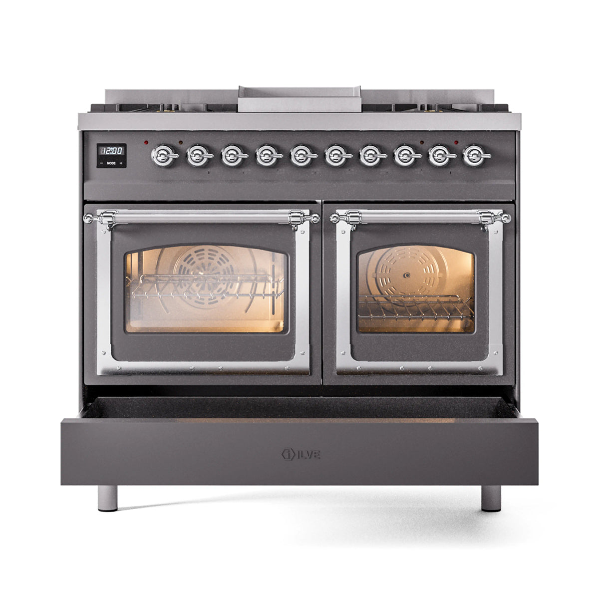 Matte graphite dual-fuel range with chrome trim, two glass oven doors, and side legs