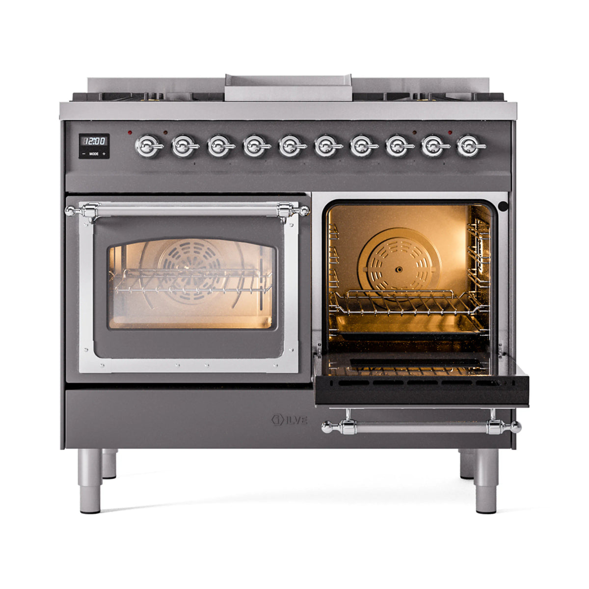 Dual-fuel range with both ovens open, showing interior racks through glass doors