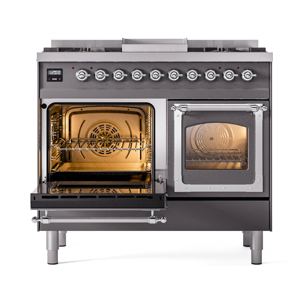 Dual-fuel range with left oven open and right oven door closed, matte graphite finish