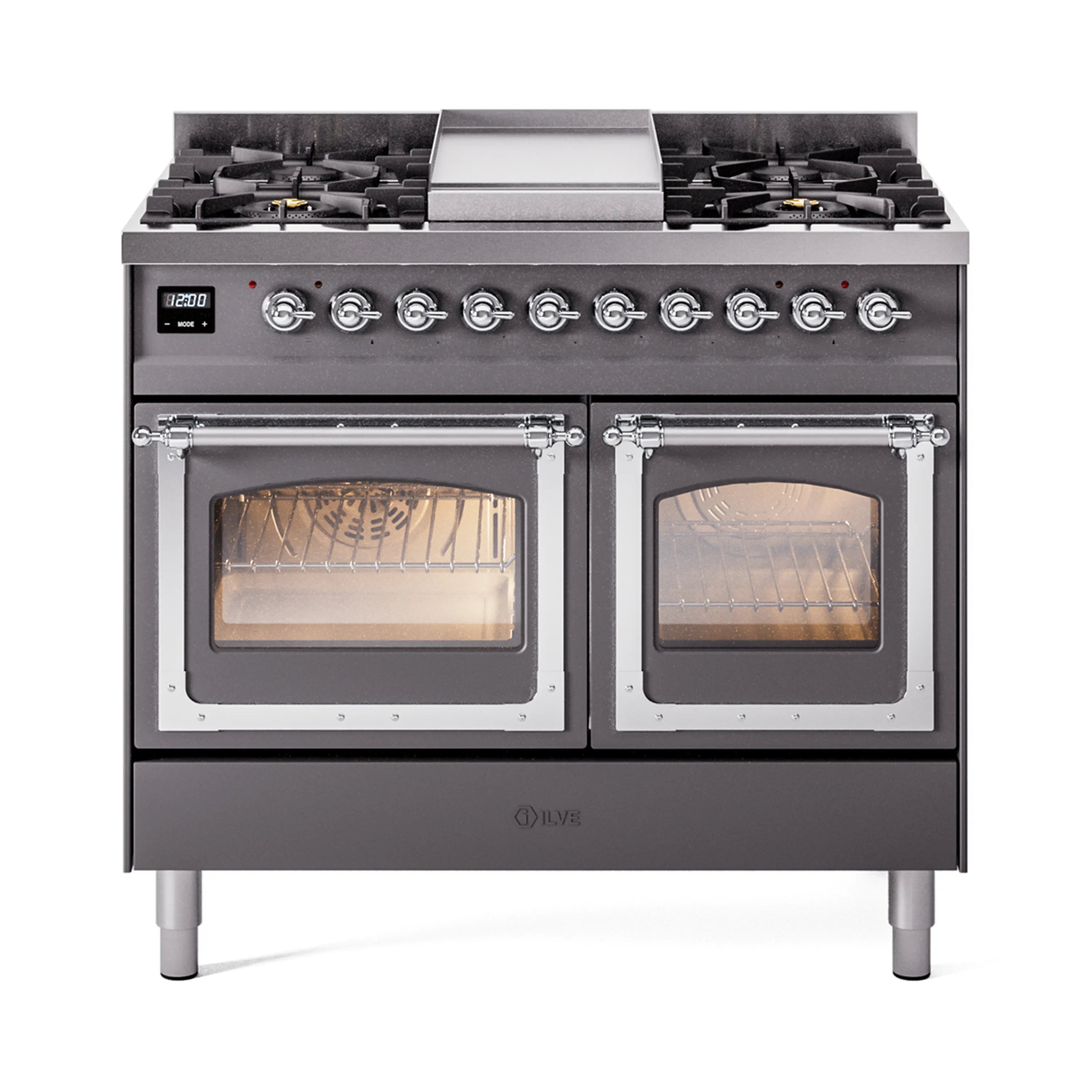 Matte graphite dual-fuel range with chrome knobs and two glass-front oven doors