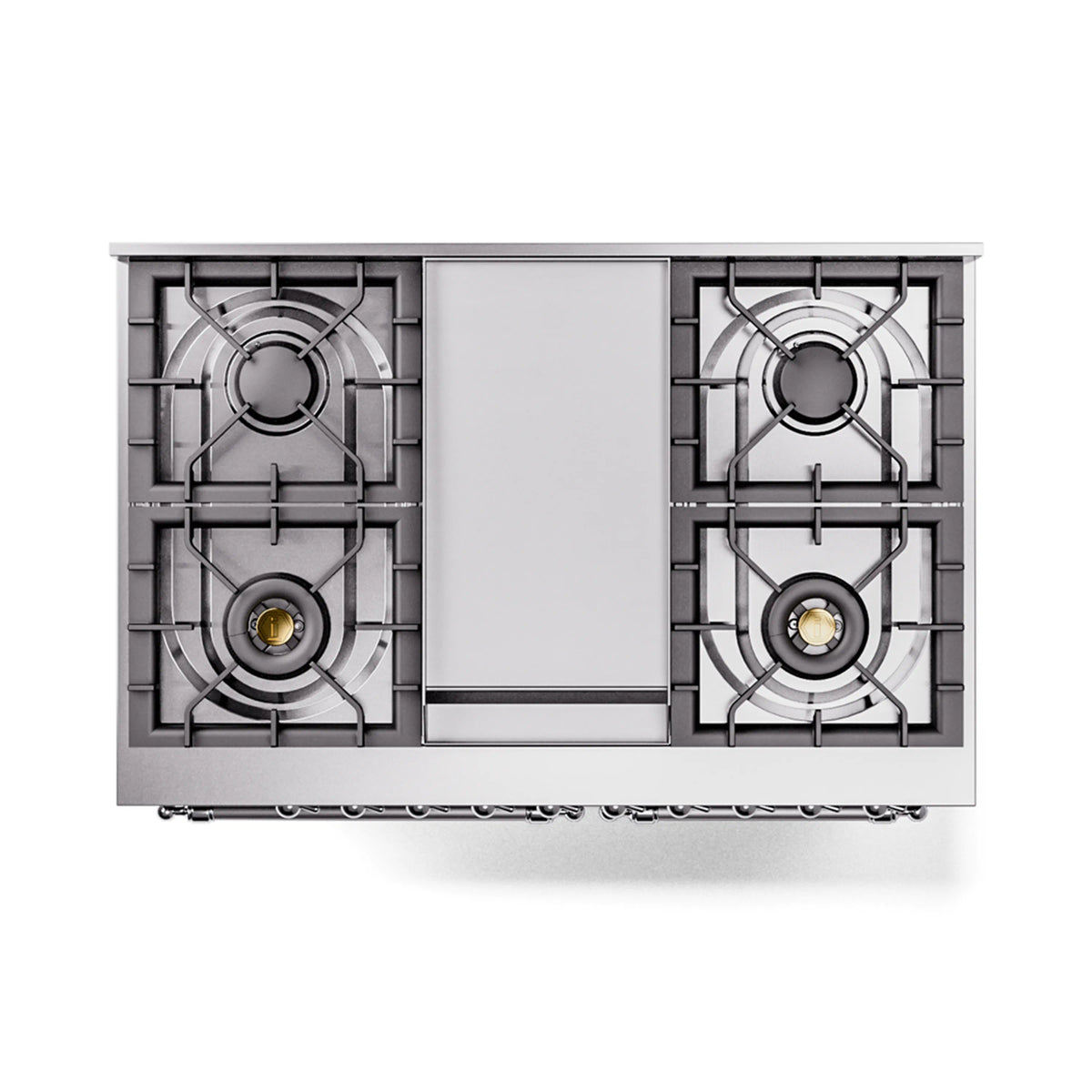 Dual-fuel range cooktop with four burners and a center flue vent cover