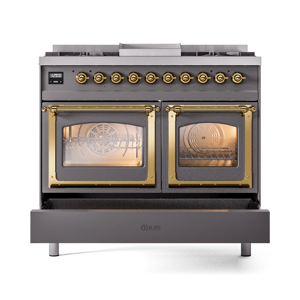 ILVE range with matte graphite front, brass-trimmed oven doors, and cooktop controls